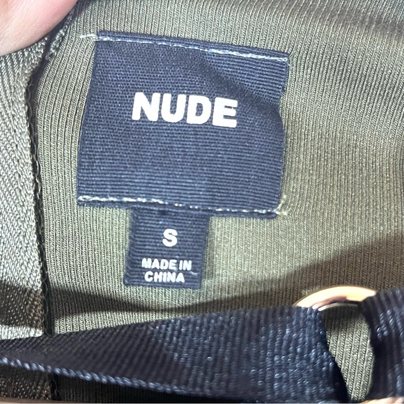 NUDE Olive Green Plunging Neckline Lace Up Front Zipper Back Bodysuit Size Small - Picture 7 of 8